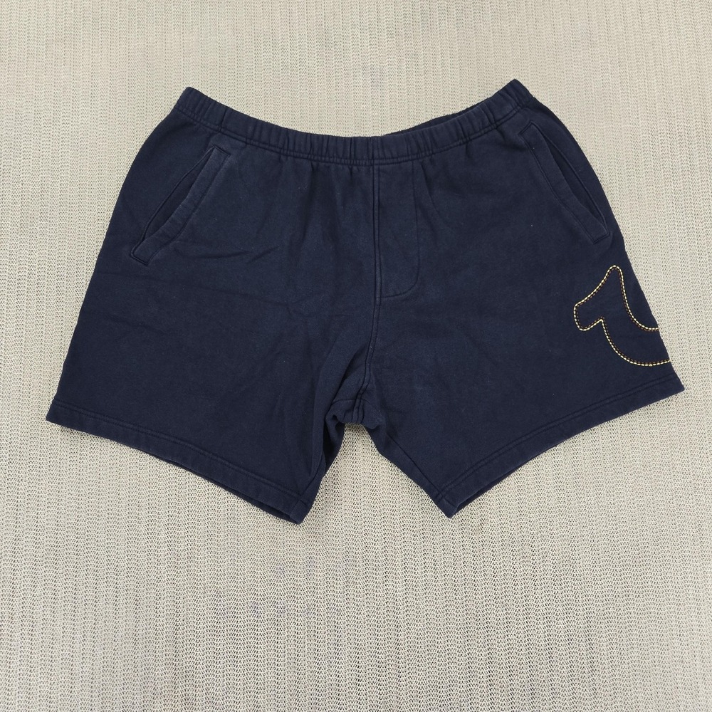 True Religion Shorts Mens XL Blue Fleece Sweat Drawstring Logo Casual Streetwear
